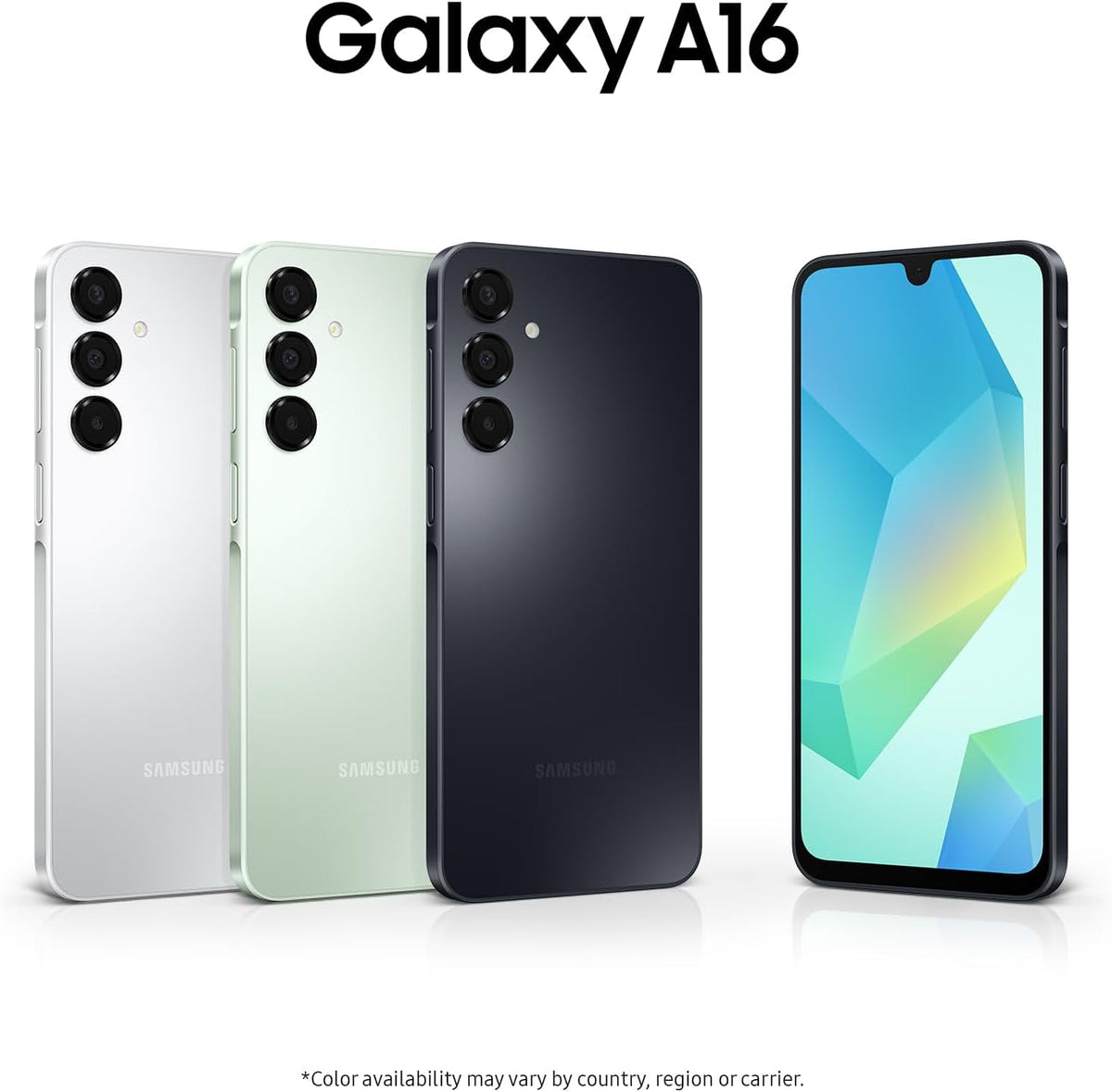 Samsung Galaxy A16 smartphone shown in multiple colors, front and back views.