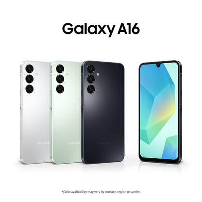 Samsung Galaxy A16 4G smartphone in white, light green, and dark blue/black, front view