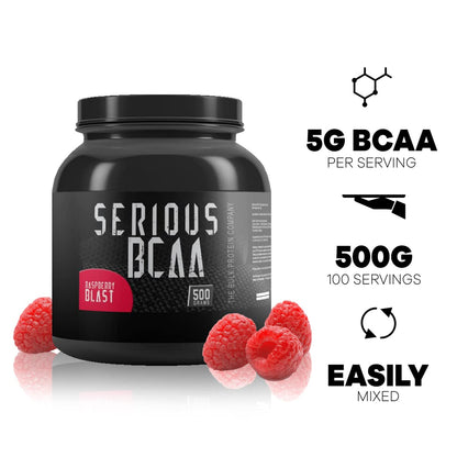 Serious BCAA Powder 500g, 100 Servings Pre Workout - Helps Build Muscle - The Bulk Protein Company (Raspberry Blast)