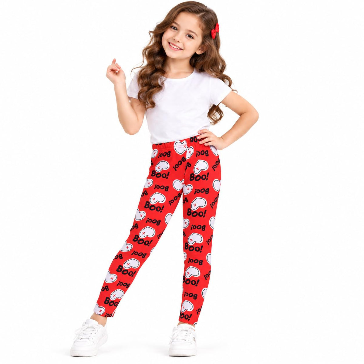 Child wearing red Halloween leggings with Boo word and cartoon ghost pattern