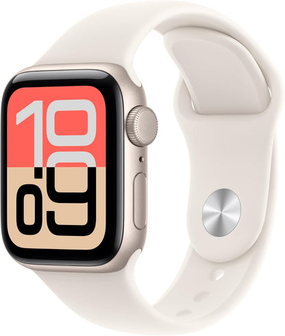 Apple Watch SE 3 smartwatch with starlight band and rose-gold tone watch case