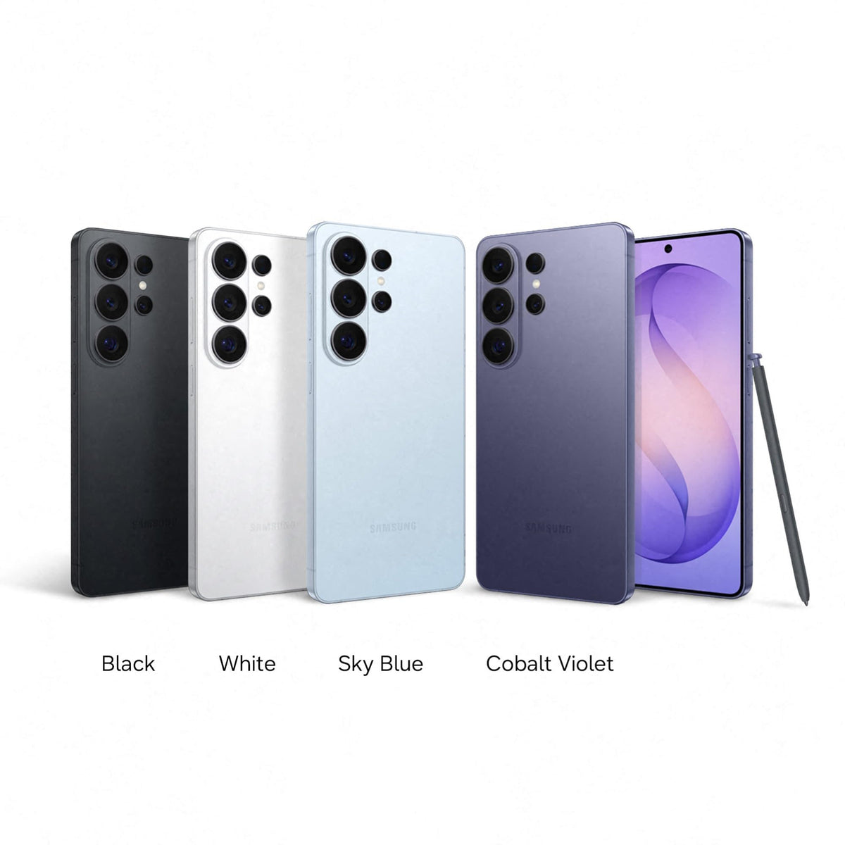 Four Samsung Galaxy smartphones in black, white, sky blue, and cobalt violet