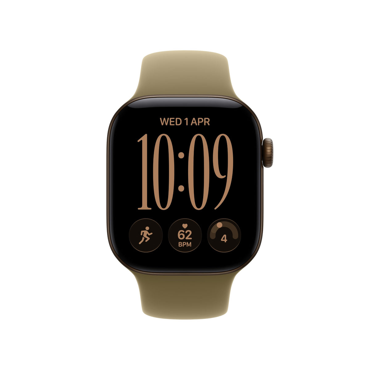 GPS smartwatch with tan sport band; square display showing time and activity circles.
