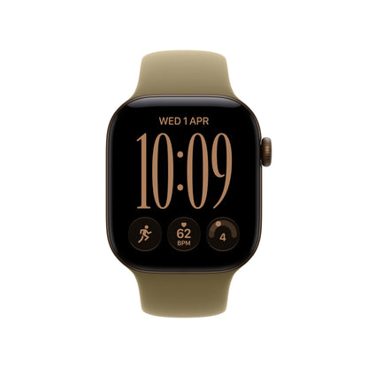 GPS smartwatch with tan sport band; square display showing time and activity circles.