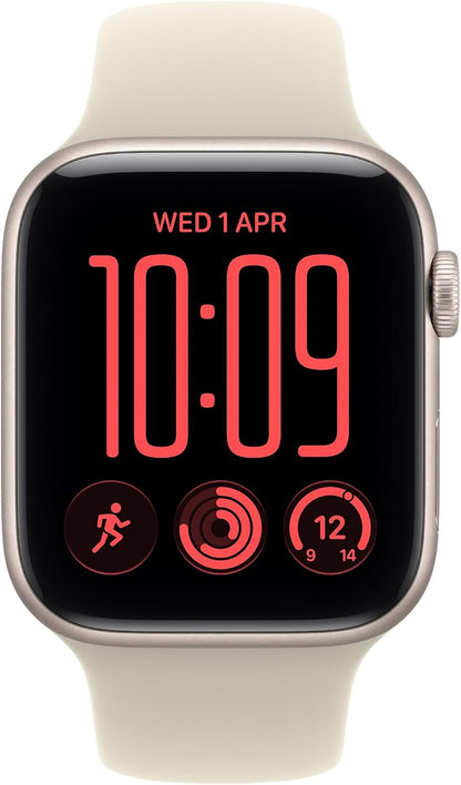 Starlight Apple Watch SE GPS smartwatch close-up showing time and activity rings