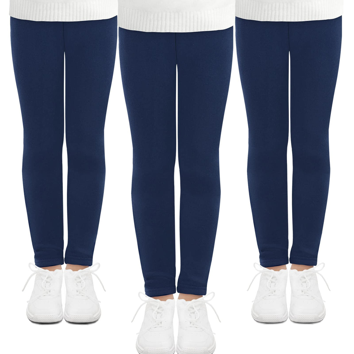 Girls full-length leggings 3-pack, navy with ribbed elastic waistband and ankle cuffs