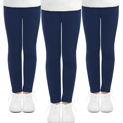Girls full-length leggings 3-pack, navy with ribbed elastic waistband and ankle cuffs