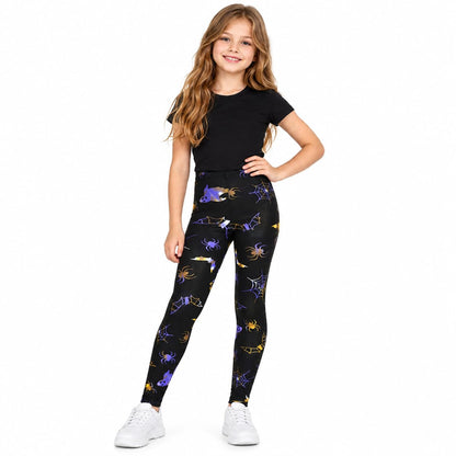 Kids Halloween leggings black with small purple bat and witch hat print