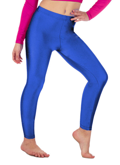 Girls' royal blue shiny stretch leggings, full-length front view with footless cuffs