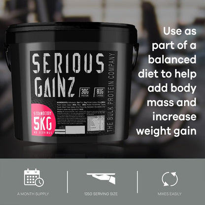 The Bulk Protein Company, SERIOUS GAINZ - Whey Protein Powder - Weight Gain, Mass Gainer - 30g Protein Powders (Strawberry, 5kg)