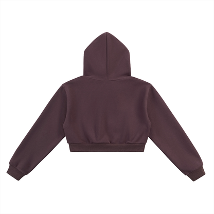 Dark reddish purple cropped hoodie, hooded back view with long sleeves