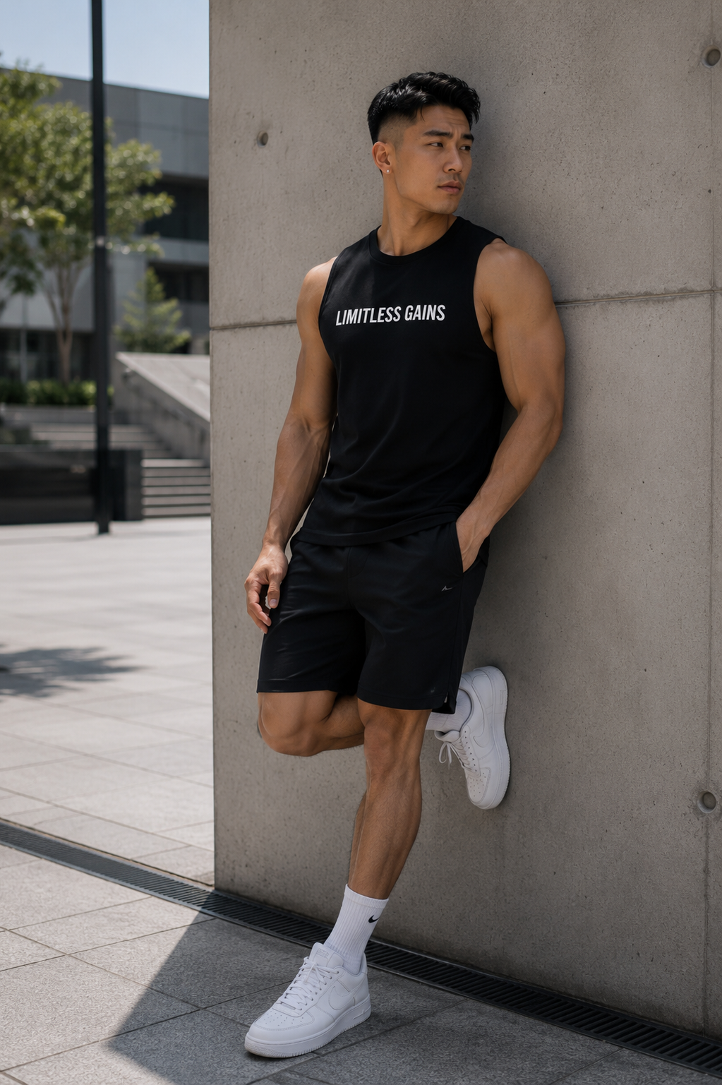 Men's muscle fit gym vest, black sleeveless crew neck, worn with black shorts