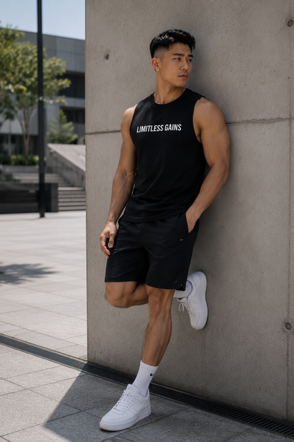 Men's muscle fit gym vest, black sleeveless crew neck, worn with black shorts