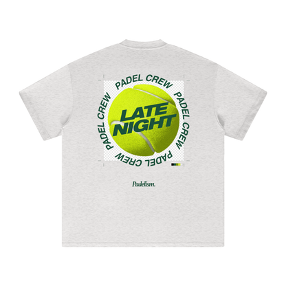 Oat gray heavyweight T-shirt, crew neck, large back circular "LATE NIGHT" graphic