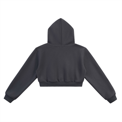 Dark charcoal cropped hoodie, hooded back view with long sleeves
