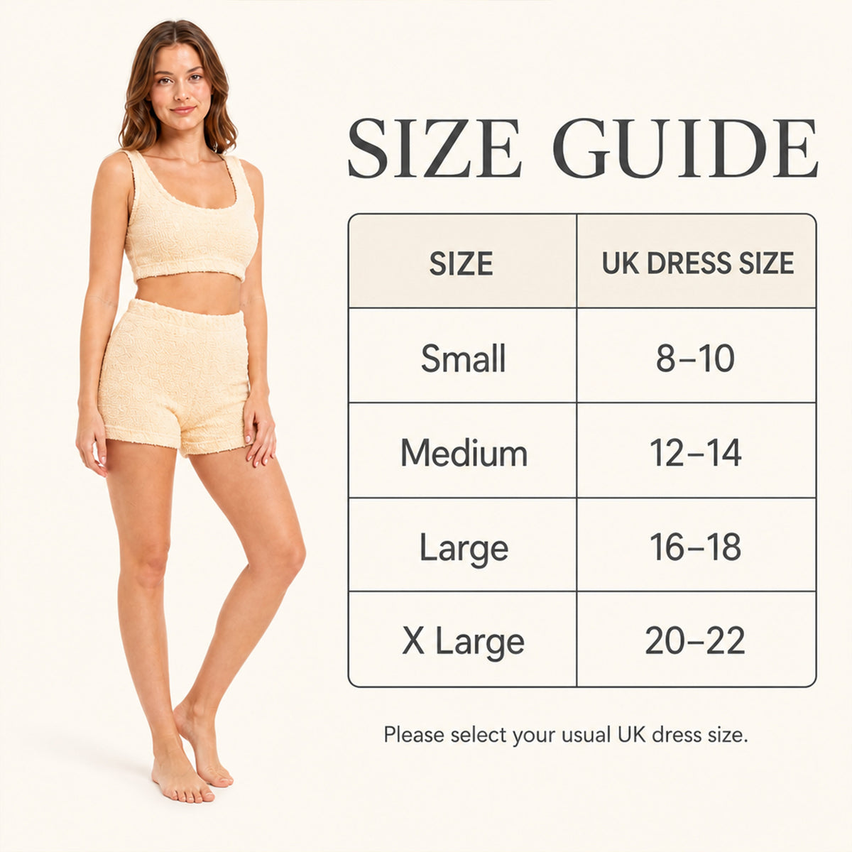 Women’s teddy fleece crop top and shorts pajama set in gold, size guide background