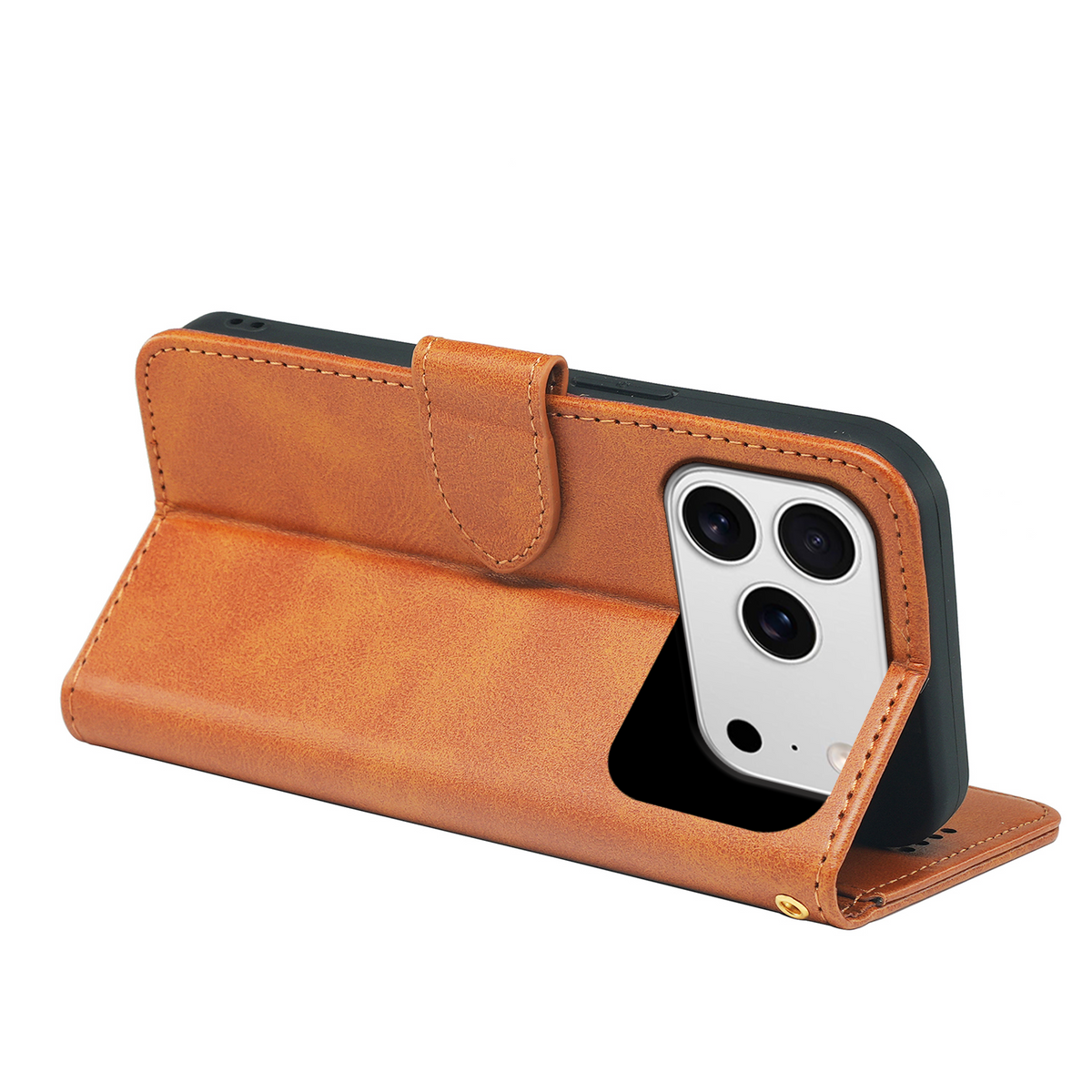 Leather-look wallet case for iPhone in tan, open folio stand with magnetic strap