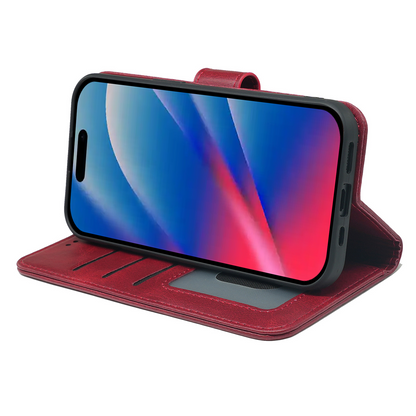 Red leather-look wallet case with flip cover holding a smartphone.