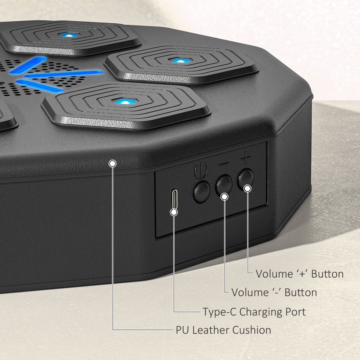 Smart music boxing machine rear controls with volume buttons and Type-C charging port