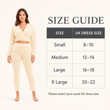 Women's teddy fleece wrap top and jogger set in cream, full-length lounge bottoms