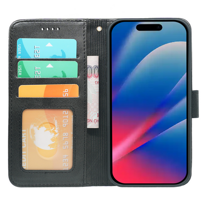 Dark gray leather-look wallet case with card slots and standing cover for iPhone