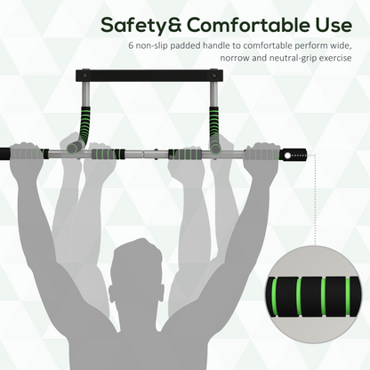 Doorway pull-up bar with thick padded handle grips for comfortable, secure use