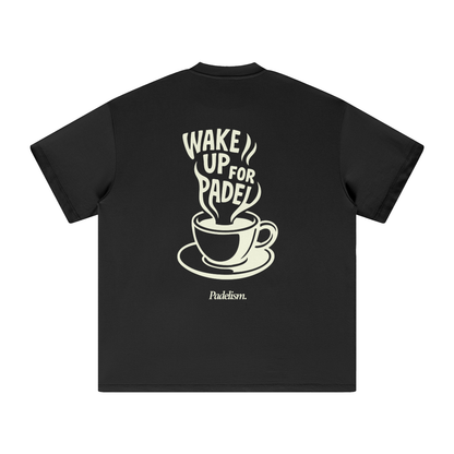 Black heavyweight t-shirt, back graphic with cup and text "Wake up for Padel"