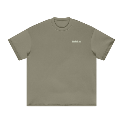 Gray-green heavyweight t-shirt with small "Padelism." logo on chest