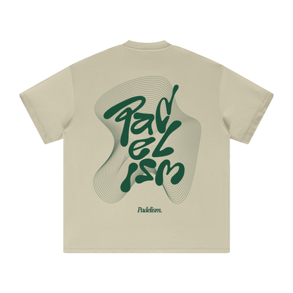 Heavyweight T-shirt, oat beige; large green back graphic print, crew neck, short sleeves.