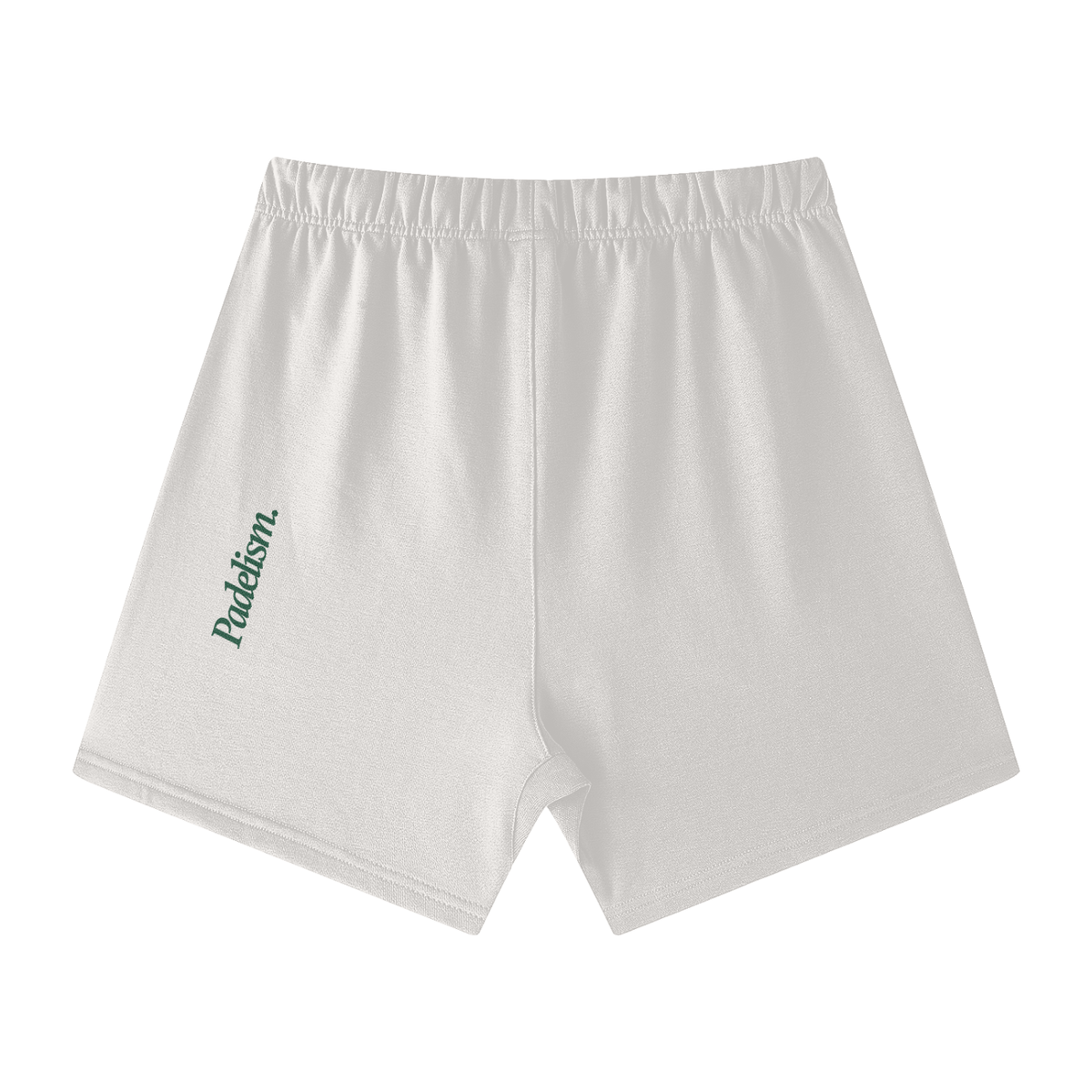 Off-white off-court shorts with elastic waistband and left-leg logo print (back view)