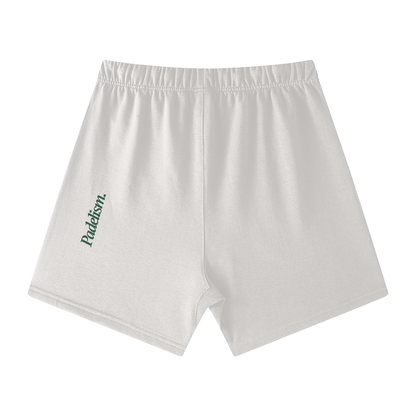 Off-white off-court shorts with elastic waistband and left-leg logo print (back view)