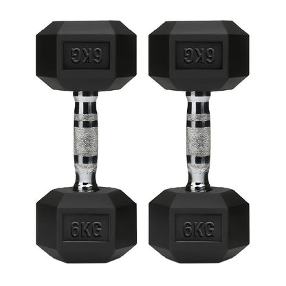 Rubber-coated hex dumbbell pair, black with silver knurled handles, 6 kg labels