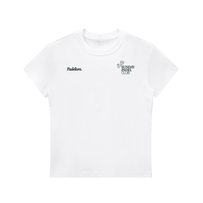White crewneck T-shirt with front Padleism and Sunday Padel Club logos
