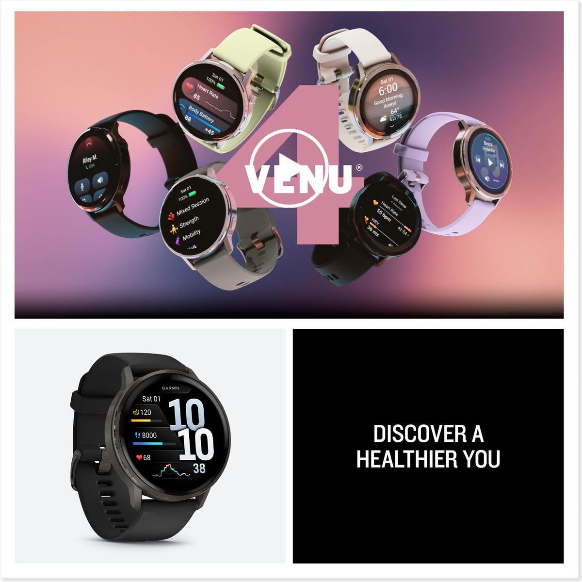 Garmin Venu 4 GPS smartwatch collection with colorful silicone straps and round screens