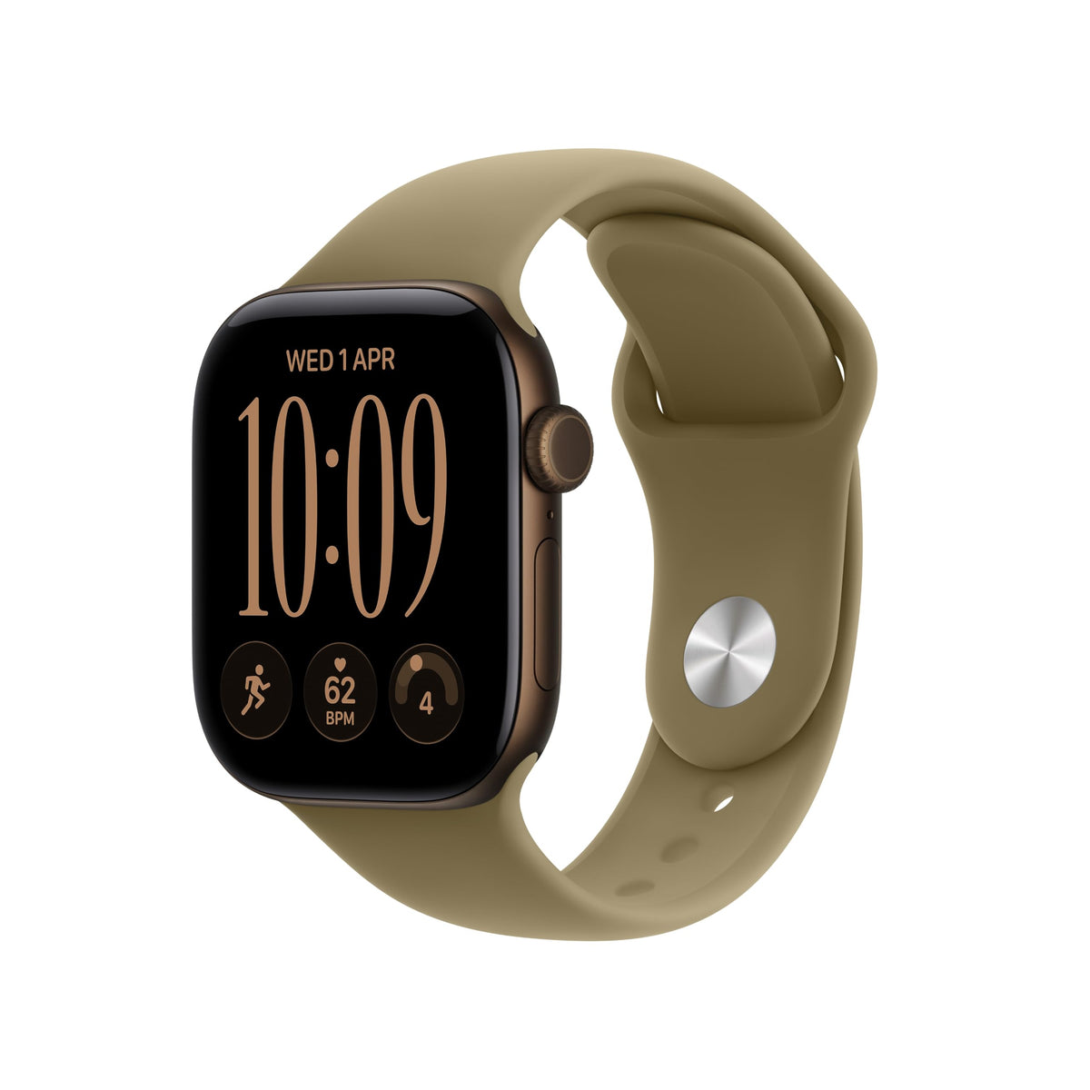 Light gold GPS smartwatch with beige silicone band, rounded display and metallic side button