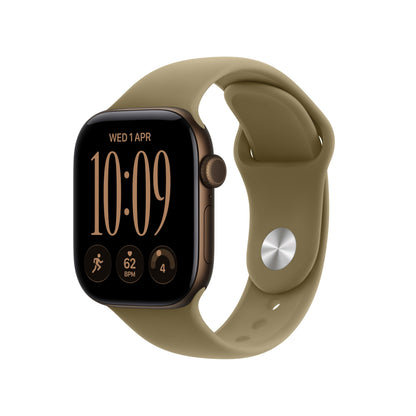 Light gold GPS smartwatch with beige silicone band, rounded display and metallic side button