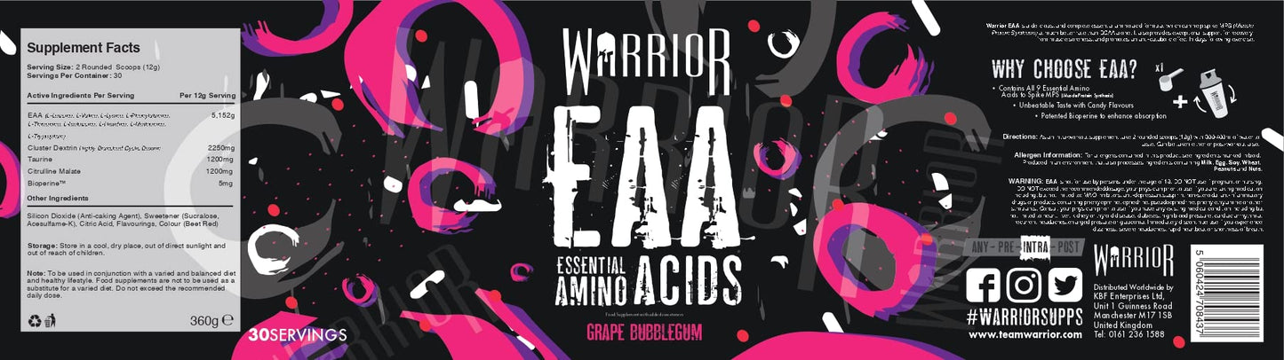 Warrior EAA - Essential Amino Acids - 360g - Provides Exceptional Support for Recovery & Muscle Soreness - Formula Includes Cyclic Dextrin, Taurine and More, Blue Raspberry