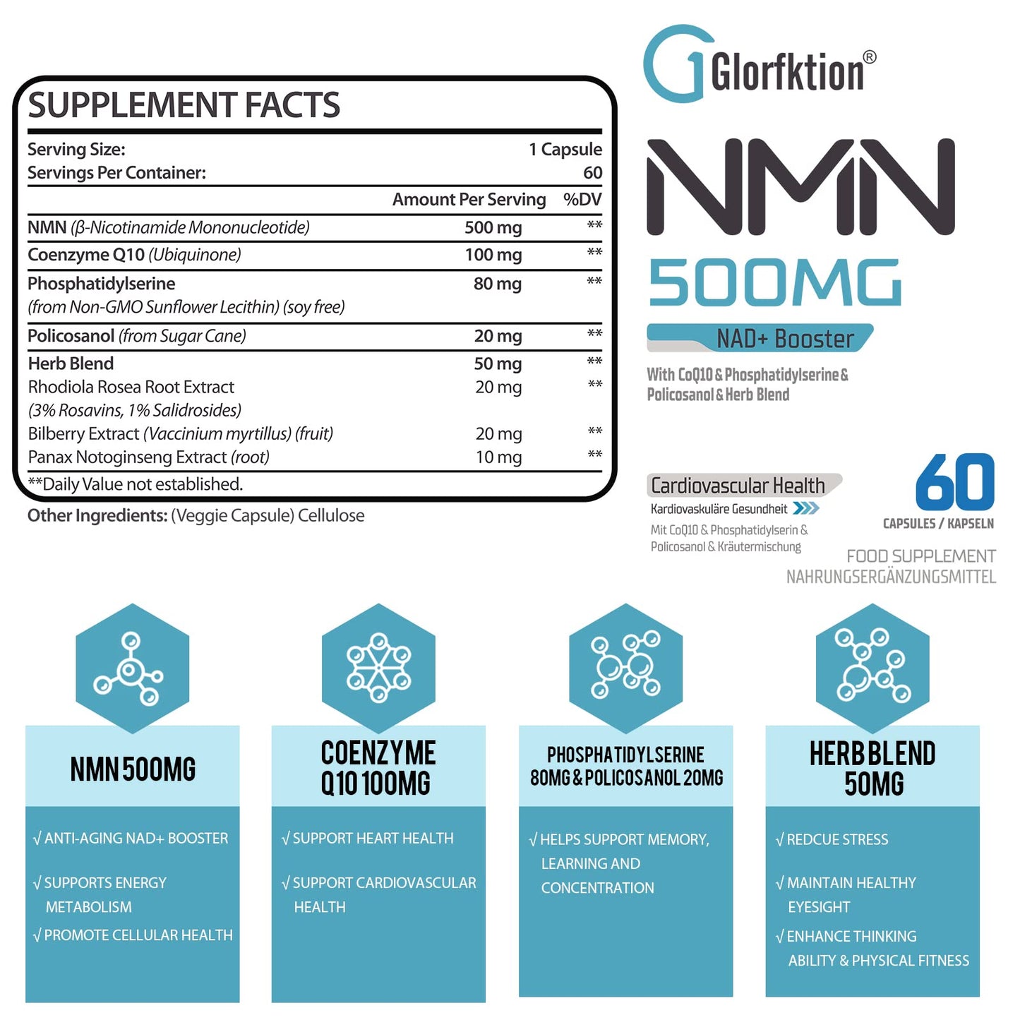 NAD Supplement | 750mg Advanced NAD Contains All 7 Ingredients in 1 Capsule | NAD+ Booster for Anti Aging | 60 Count Capsules (60 Count (Pack of 1))