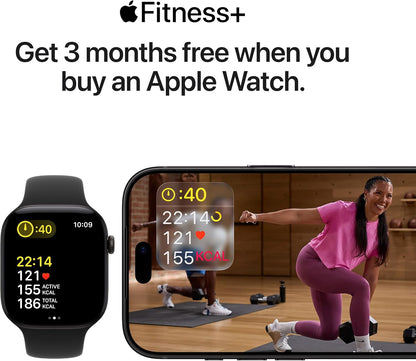 Black Apple Watch showing workout stats and a video training screen