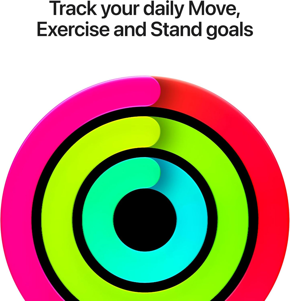 Apple Watch activity ring graphic with neon green, cyan, and pink concentric circles