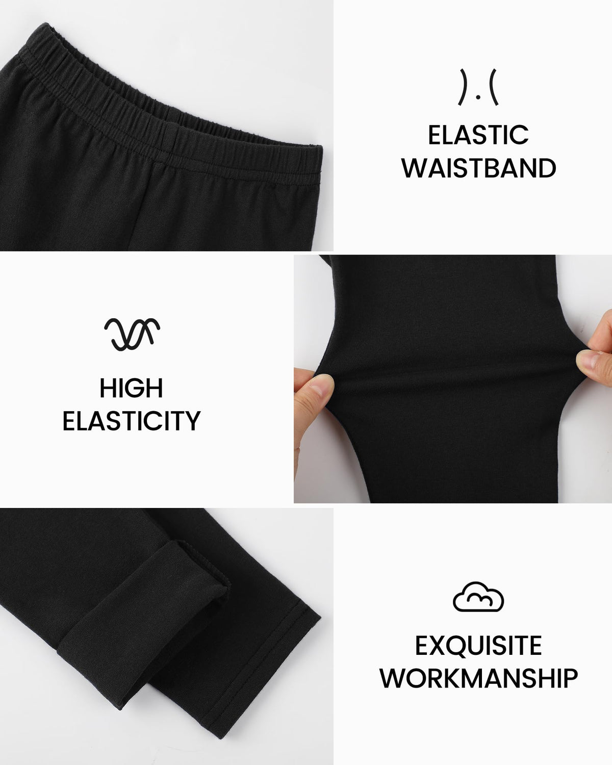Girls black leggings close-up: elastic waistband, high elasticity