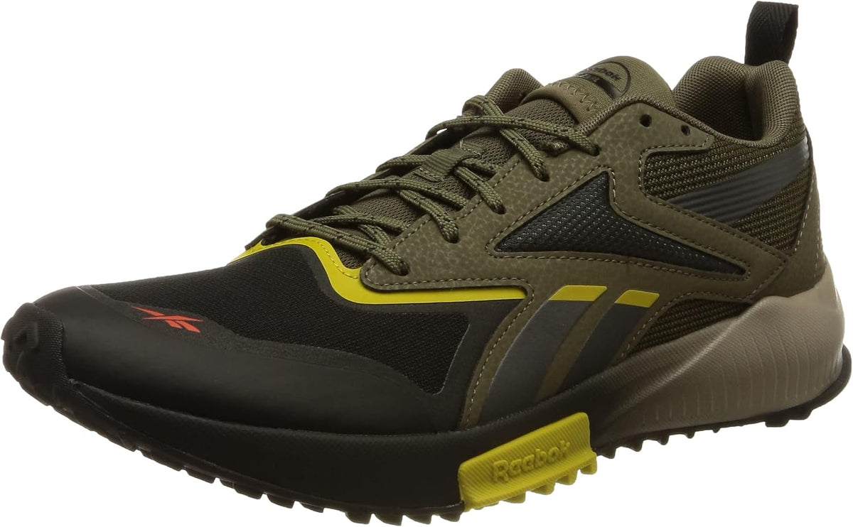Reebok mens trail running shoe, dark olive and black with bright yellow accents