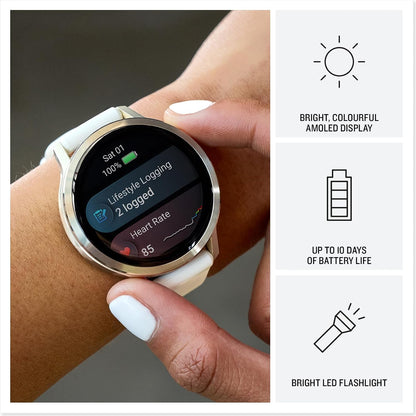 GPS fitness smartwatch with light beige strap and round AMOLED display