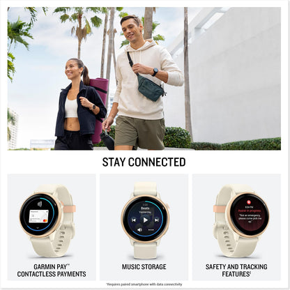 Light-colored Garmin smartwatch with round display and silicone band
