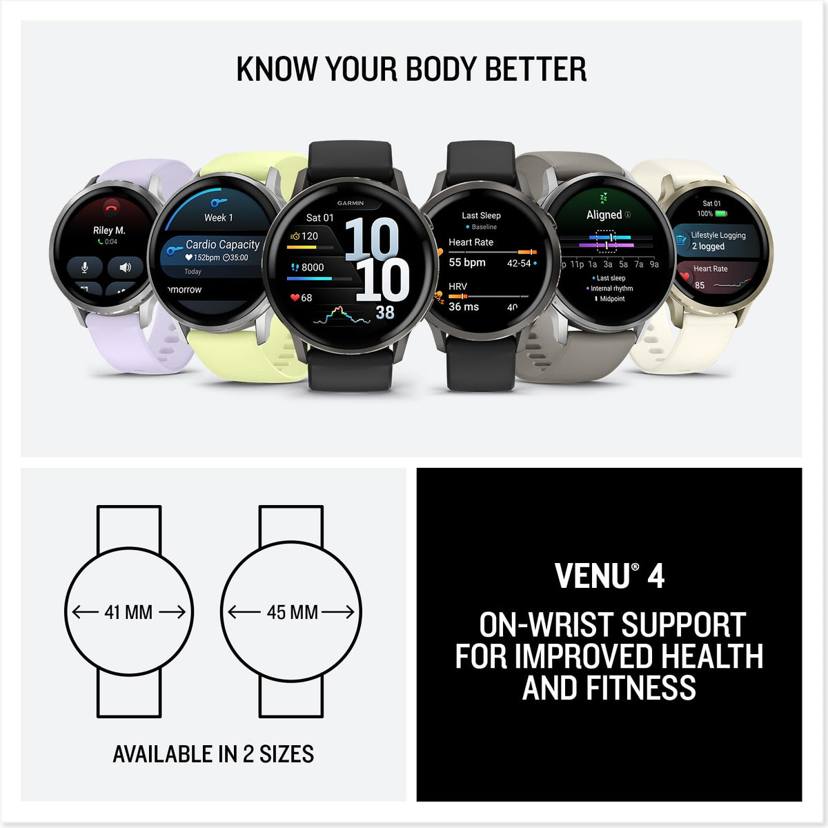 Garmin Venu 4 GPS fitness smartwatch in multiple colors, available 41 mm and 45 mm