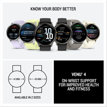 Garmin Venu 4 GPS smartwatch lineup with 41 mm and 45 mm size icons