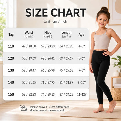 Girls black full-length leggings with elastic waistband and full-leg coverage