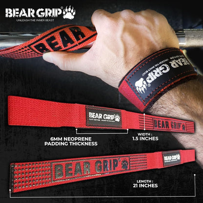 BEAR GRIP Straps - Premium Neoprene Padded Heavy Duty Double Stitched Weight Lifting Gym Straps