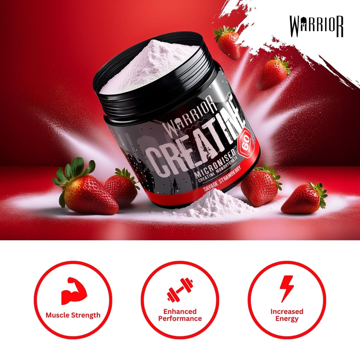 Warrior Creatine Monohydrate Powder 300g – Micronised – Proven to Improve Physical Performance and Recovery, 5g Servings (Unflavoured)