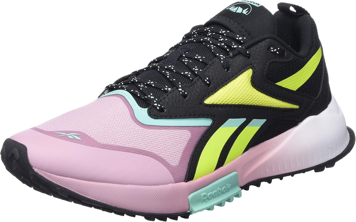 Reebok men's trail running shoe, pink and black upper with neon green sole details